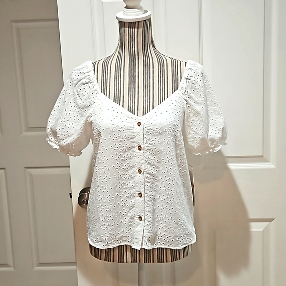 Nanette Lepore White Eyelet Button Blouse